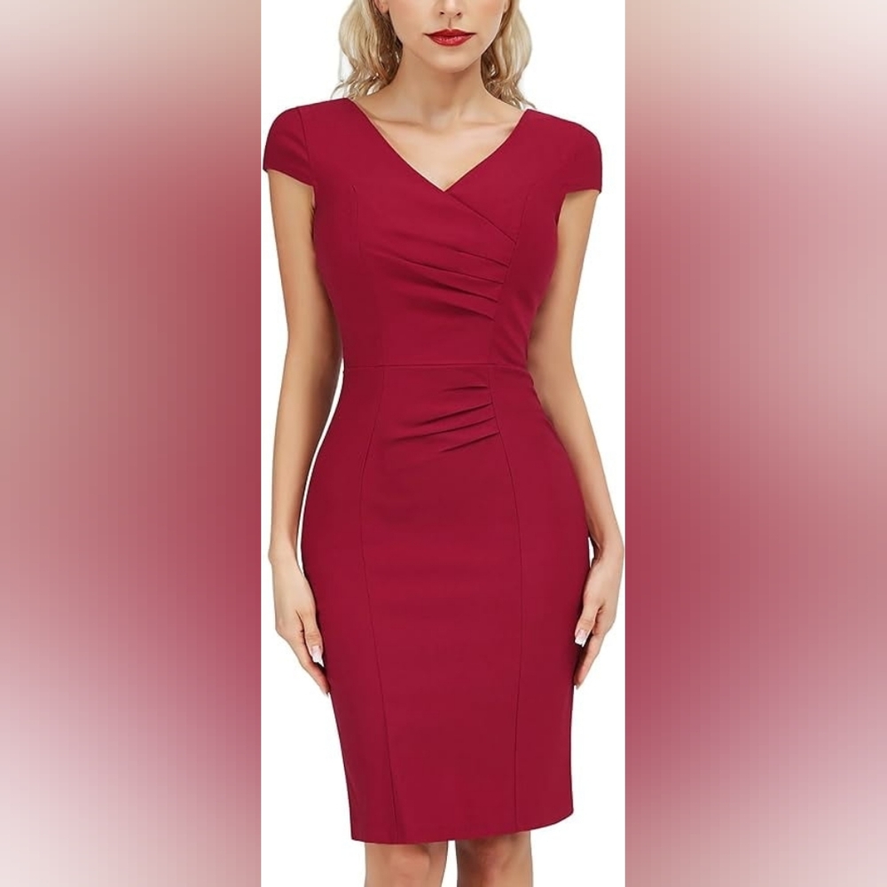🎉 Red Sheath Dress Sz S 4 6 V Neck Cap Sleeve Elegant Le Chateau - Picture 3 of 11